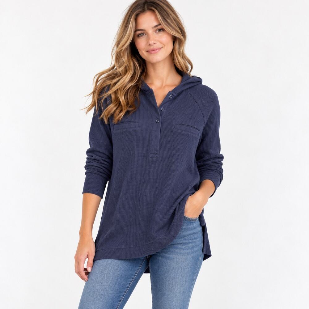 Caslon Womens M Navy Waffle Knit Hooded Henley Tunic Pullover Organic Cotton
